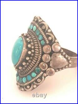 Amazing Vintage Marked 925 Sterling Silver Turquoise Stones Ring, Size 8, Womens