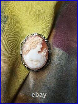 Antique 1910-20s Hand Carved Shell Cameo Marked STERLING Silver Filigree pin