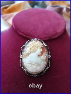 Antique 1910-20s Hand Carved Shell Cameo Marked STERLING Silver Filigree pin