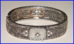 Antique ART DECO CAMPHOR GLASS STERLING SILVER FILIGREE BANGLE BRACELET Marked