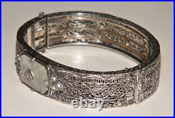 Antique ART DECO CAMPHOR GLASS STERLING SILVER FILIGREE BANGLE BRACELET Marked