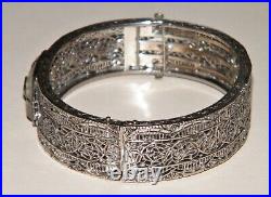 Antique ART DECO CAMPHOR GLASS STERLING SILVER FILIGREE BANGLE BRACELET Marked