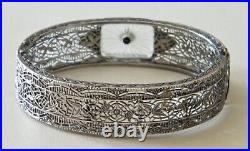 Antique ART DECO CAMPHOR GLASS STERLING SILVER FILIGREE BANGLE BRACELET Marked