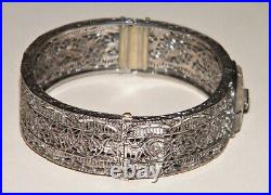 Antique ART DECO CAMPHOR GLASS STERLING SILVER FILIGREE BANGLE BRACELET Marked