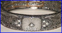 Antique ART DECO CAMPHOR GLASS STERLING SILVER FILIGREE BANGLE BRACELET Marked