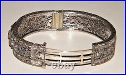 Antique ART DECO CAMPHOR GLASS STERLING SILVER FILIGREE BANGLE BRACELET Marked