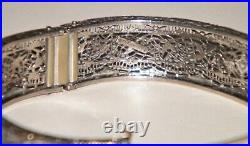 Antique ART DECO CAMPHOR GLASS STERLING SILVER FILIGREE BANGLE BRACELET Marked