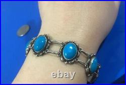 Antique Art Deco Turquoise Cabochon Bracelet Sterling silver 7.5 Marked