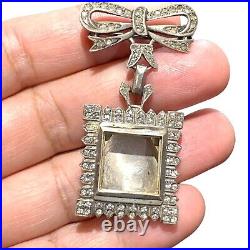 Antique Art Deco marked sterling silver dangling square Frame locket bow pin