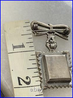 Antique Art Deco marked sterling silver dangling square Frame locket bow pin
