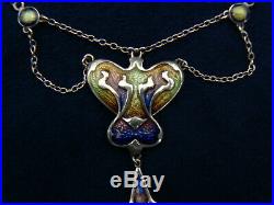Antique Art Nouveau Enamel Sterling Silver Necklace Marked Jungstil