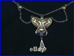Antique Art Nouveau Enamel Sterling Silver Necklace Marked Jungstil