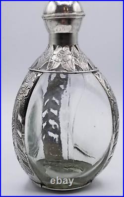 Antique Art Nouveau Hand Blown Glass Marked 925 Sterling Silver Overlay Decanter