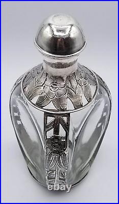 Antique Art Nouveau Hand Blown Glass Marked 925 Sterling Silver Overlay Decanter
