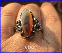 Antique Art Nouveau Ring Moss Picture Agate Marked Sterling Silver Size 11