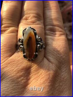 Antique Art Nouveau Ring Moss Picture Agate Marked Sterling Silver Size 11