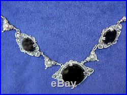 Antique Art Nouveau Sterling Silver Onyx Necklace Marked 16