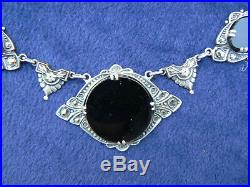 Antique Art Nouveau Sterling Silver Onyx Necklace Marked 16