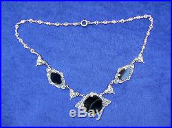 Antique Art Nouveau Sterling Silver Onyx Necklace Marked 16