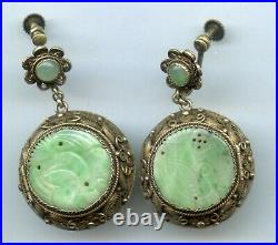 Antique Chinese Carved Jade Jadeite Gilded Sterling Silver Earrings Locket 1900