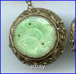 Antique Chinese Carved Jade Jadeite Gilded Sterling Silver Earrings Locket 1900
