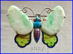 Antique Chinese Enameled & Carved Jade Butterfly Brooch in Sterling Silver, mark