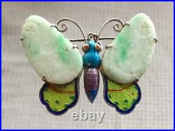 Antique Chinese Enameled & Carved Jade Butterfly Brooch in Sterling Silver, mark