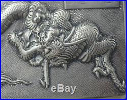 Antique Chinese Export Silver Marked Repousse Dragon Cigarette Case 190 Gram