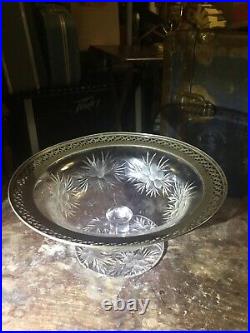 Antique Crystal etched Footed Cut Glass bowl with Sterling Silver Rim Marked
