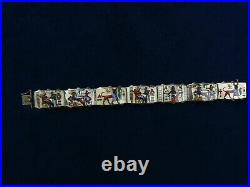 Antique Egyptian Revival Enamel Panel Bracelet Sterling Marked 6.5
