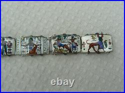 Antique Egyptian Revival Enamel Panel Bracelet Sterling Marked 6.5