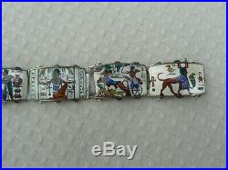 Antique Egyptian Revival Enamel Panel Bracelet WOW Sterling Marked 6.5