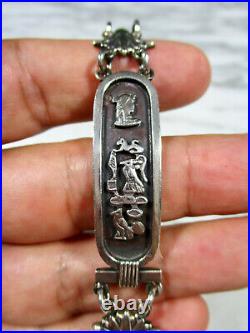 Antique Egyptian Sterling Silver Hieroglyphic Papyrus Link Bracelet Vtg Marked