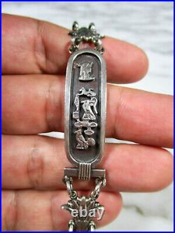 Antique Egyptian Sterling Silver Hieroglyphic Papyrus Link Bracelet Vtg Marked
