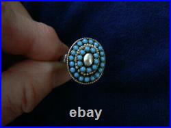 Antique Georgian Turquoise & Seed Pearl Ring Sterling Size 8 Marked K E