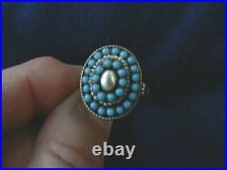 Antique Georgian Turquoise & Seed Pearl Ring Sterling Size 8 Marked K E