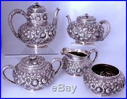Antique Gorham Sterling Silver Repousse Tea Coffee Set 5 pc #1333 Date Mark 1890