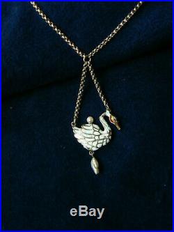 Antique Hungarian Enamel Swan Necklace Sterling WithPearls Marked