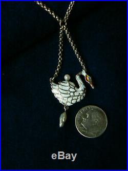 Antique Hungarian Enamel Swan Necklace Sterling WithPearls Marked