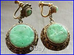 Antique Old Chinese Carved Jade Jadeite Gilded Sterling Silver Earrings, c 1900