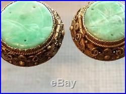 Antique Old Chinese Carved Jade Jadeite Gilded Sterling Silver Earrings, c 1900