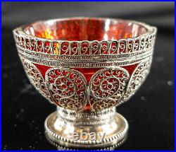 Antique Ottoman Sterling Silver Filigree Salt Cellar Ruby Glass Tughra Mark