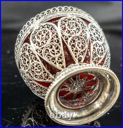 Antique Ottoman Sterling Silver Filigree Salt Cellar Ruby Glass Tughra Mark