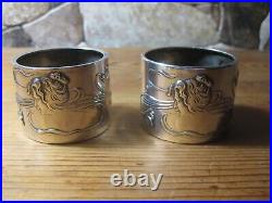 Antique Pair Art Nouveau Women Jugenstil Marked Sterling Silver Napkin Ring 1900