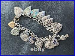 Antique Puffy Heart Military Enamel Silver Garnet 10k Gold Charm Bracelet 7.5