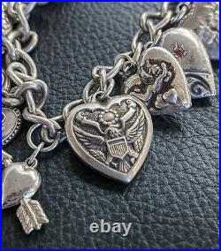 Antique Puffy Heart Military Enamel Silver Garnet 10k Gold Charm Bracelet 7.5