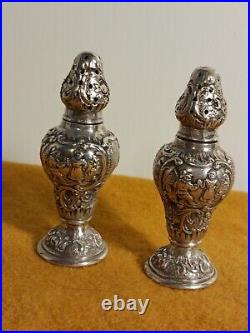 Antique STERLING SILVER Germany Rococo Salt and Pepper Shakers, marked