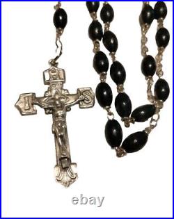 Antique Sterling Silver Cocoa Bead Rosary Mint Condition Marked D+C