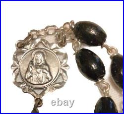 Antique Sterling Silver Cocoa Bead Rosary Mint Condition Marked D+C