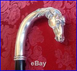 Antique Sterling Silver Figural Horse Head Cane Walking Stick Handle Marked 925